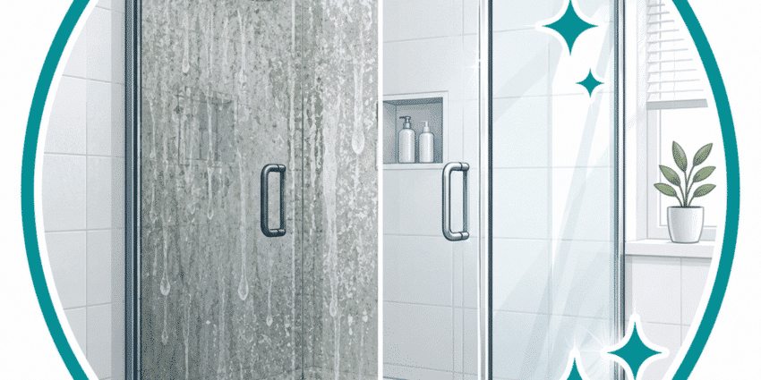 Shower glass water stain removal in Christchurch removing hard water stains, soap scum and mineral deposits from shower glass.